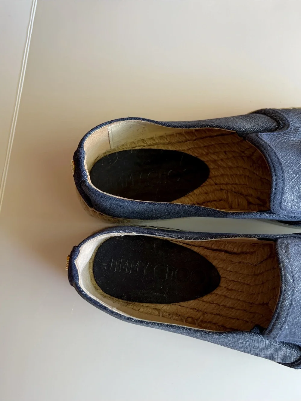 Jimmy Choo Denim Whipstitch Espadrille Flats Vacation Resort  Blue Gray EU 37.5